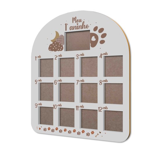 Quadro Painel Mesversário de Parede Para Pet Em Mdf 6mm Laqueado - 1 Foto 10x15cm E 12 Fotos 10x10cm
