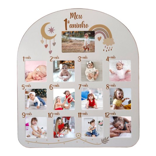 Quadro Painel Mesversário de Parede para 1 foto 10x15cm e 12 fotos 10x10cm