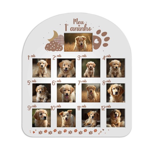 Quadro Painel Mesversário de Parede Para Pet Em Mdf 6mm Laqueado - 1 Foto 10x15cm E 12 Fotos 10x10cm