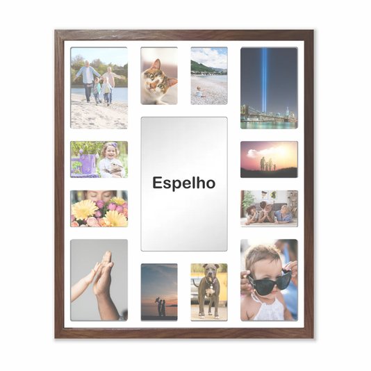 Quadro  Painel de Parede para 4 fotos 15x21cm e 8 fotos 10x15cm Com Espelho