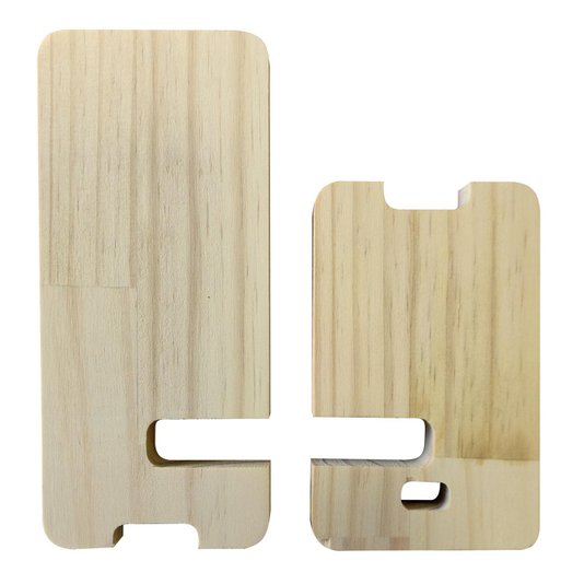 Suporte Personalizado para Celular com Entrada para Carregador e Gravação a Laser ou Impressão UV em Madeira de Pinus