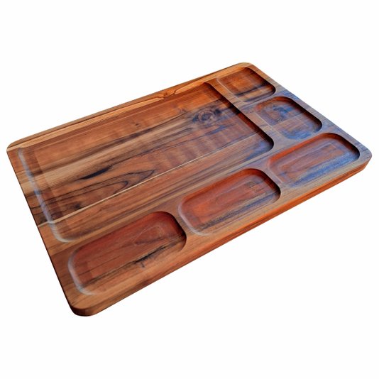 Tábua de Corte para Servir Carnes Porções e Frios em Madeira Teca Maciça com Rebaixos para Molhos com Óleo Mineral - Retangular 30x40cm