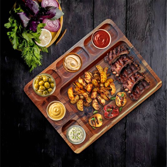Tábua de Corte para Servir Carnes Porções e Frios em Madeira Teca Maciça com Rebaixos para Molhos com Óleo Mineral - Retangular 30x40cm
