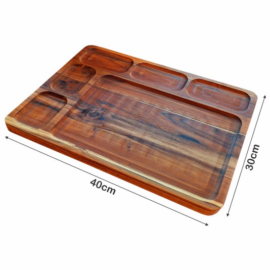 Tábua de Corte para Servir Carnes Porções e Frios em Madeira Teca Maciça com Rebaixos para Molhos com Óleo Mineral - Retangular 30x40cm