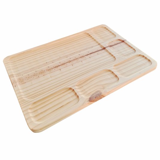 Tábua para Servir Café da Manhã Porções e Frios em Madeira de Pinus Natural com Rebaixos para molhos com Óleo Mineral - Retangular 30x40cm