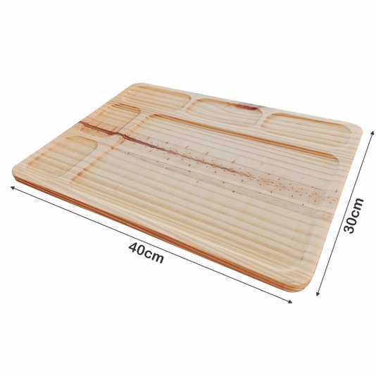 Tábua para Servir Café da Manhã Porções e Frios em Madeira de Pinus Natural com Rebaixos para molhos com Óleo Mineral - Retangular 30x40cm
