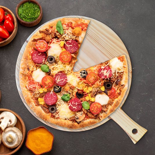 Tábua para Pizza Redonda com Cabo em Madeira de Pinus Natural com Óleo Mineral