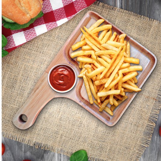 Tábua de Corte para Servir Hamburguer Porções Petiscos e Frios em Madeira de Eucalipto com Rebaixo de 6cm para Pote de Molho com Óleo Mineral - Like 19x30cm