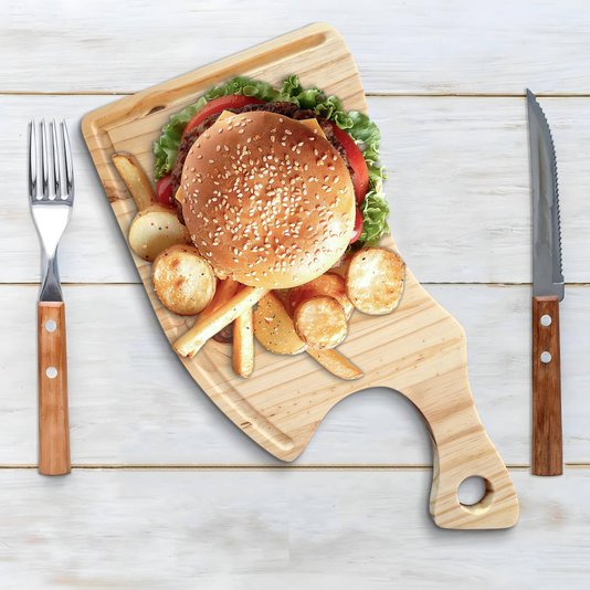 Tábua para Servir Hamburguer Petiscos e Porções em Madeira de Pinus Natural com Óleo Mineral - Cutelo 16x30cm