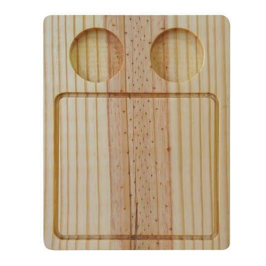 Tábua Personalizada para Servir em Madeira de Pinus Natural Maciço com Rebaixo de 6,5cm para Potes de Molho Gravação a Laser e Óleo Mineral