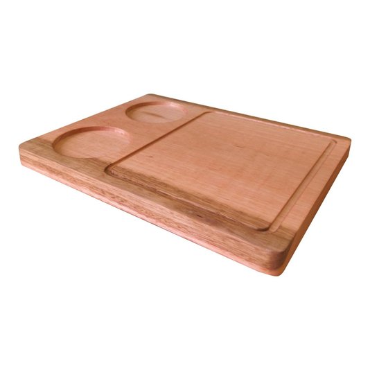 Tábua Personalizada para Servir em Madeira de Eucalipto Natural Maciço com Rebaixo de 8cm para os Potes de Molho Gravação a Laser e Óleo Mineral