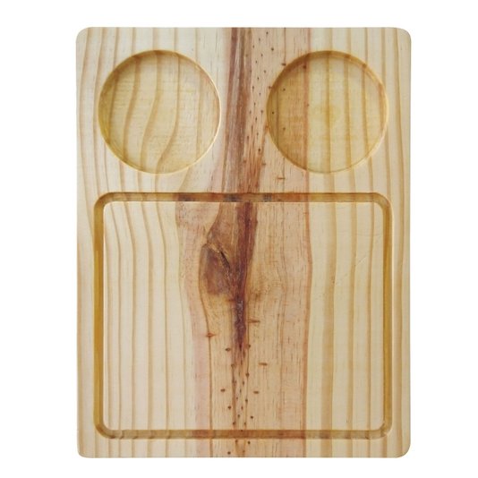 Tábua Personalizada para Servir em Madeira de Pinus Natural Maciço com Rebaixo de 8cm para Potes de Molho Gravação a Laser e Óleo Mineral