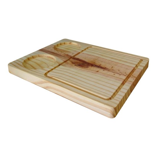 Tábua Personalizada para Servir em Madeira de Pinus Natural Maciço com Rebaixo de 8cm para Potes de Molho Gravação a Laser e Óleo Mineral