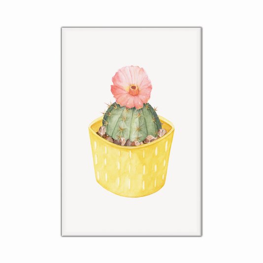 Tela Decorativa em Tecido Canvas Cactus com Flor Rosa e Vaso Amarelo