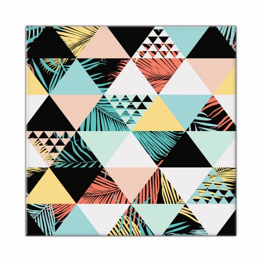Tela Decorativa em Tecido Canvas Geométrico Triângulos e Folhas Coloridas