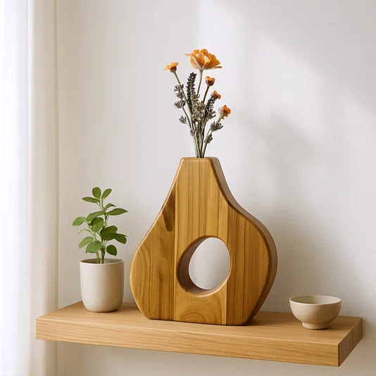 Vaso de Madeira Teca Ornamento Oval para Flores Secas e Plantas Artificiais Estilo Japandi