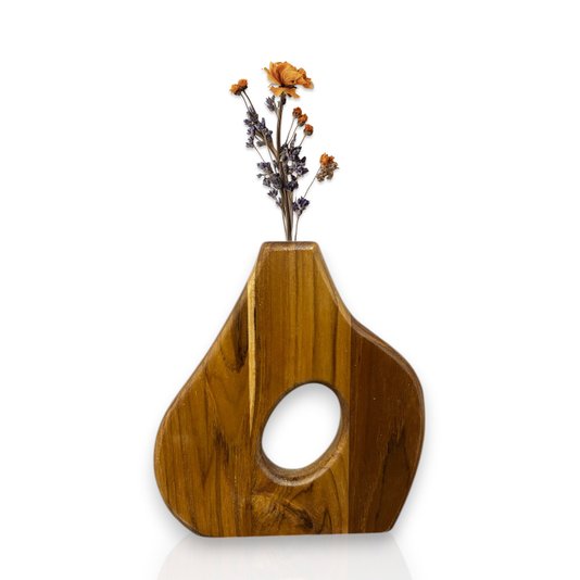 Vaso de Madeira Teca Ornamento Oval para Flores Secas e Plantas Artificiais Estilo Japandi