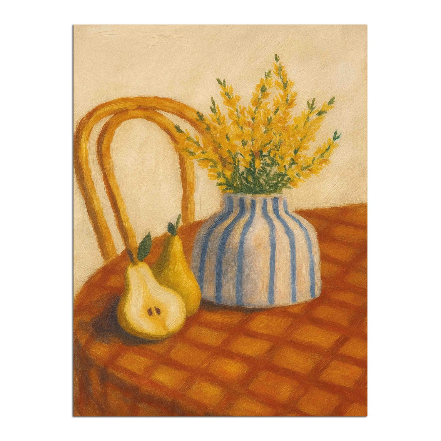 Placa Decorativa Estilo Pintura Mid Century Arranjo de Flores Amarelas em Vaso Listrado, Pêras e Cadeira de Palha