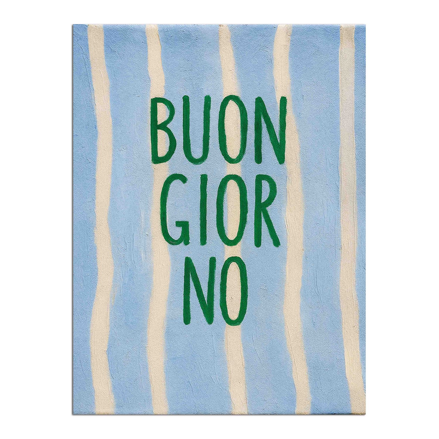 Placa Decorativa Estilo Pintura Mid Century "Buon Giorno" em Verde, em Fundo de Padrão Listrado Azul Claro e Creme
