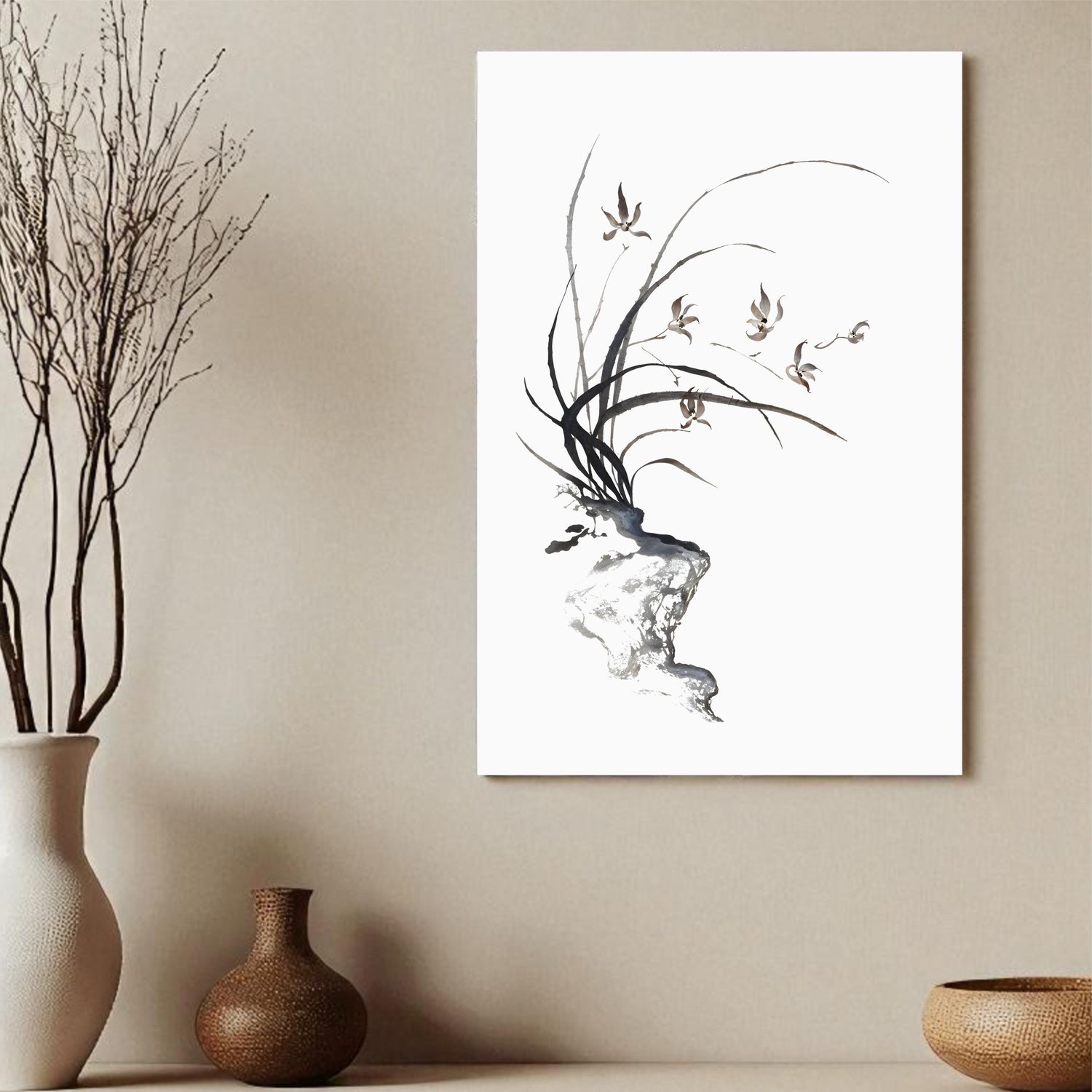 Placa Decorativa Furan Arte de Flor Ornamental Orquídea do Samurai no Estilo Sumiê