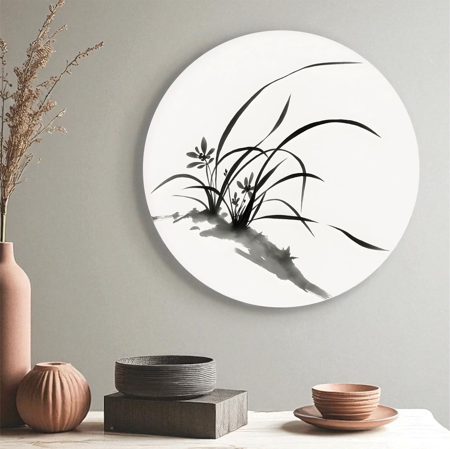 Placa Decorativa Redonda Furan Pintura de Flor Ornamental Orquídea do Samurai no Estilo Sumiê