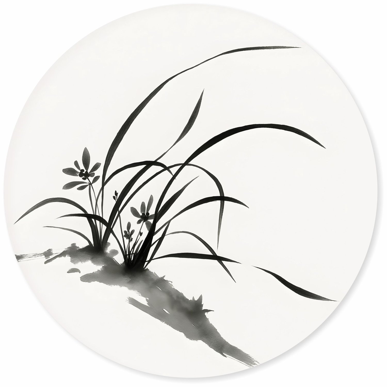 Placa Decorativa Redonda Furan Pintura de Flor Ornamental Orquídea do Samurai no Estilo Sumiê