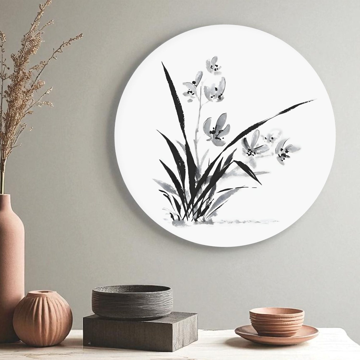 Placa Decorativa Redonda Ran Pintura de Flor Ornamental Orquídea no Estilo Sumiê