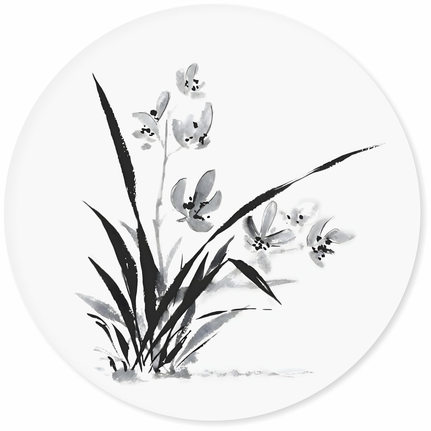 Placa Decorativa Redonda Ran Pintura de Flor Ornamental Orquídea no Estilo Sumiê