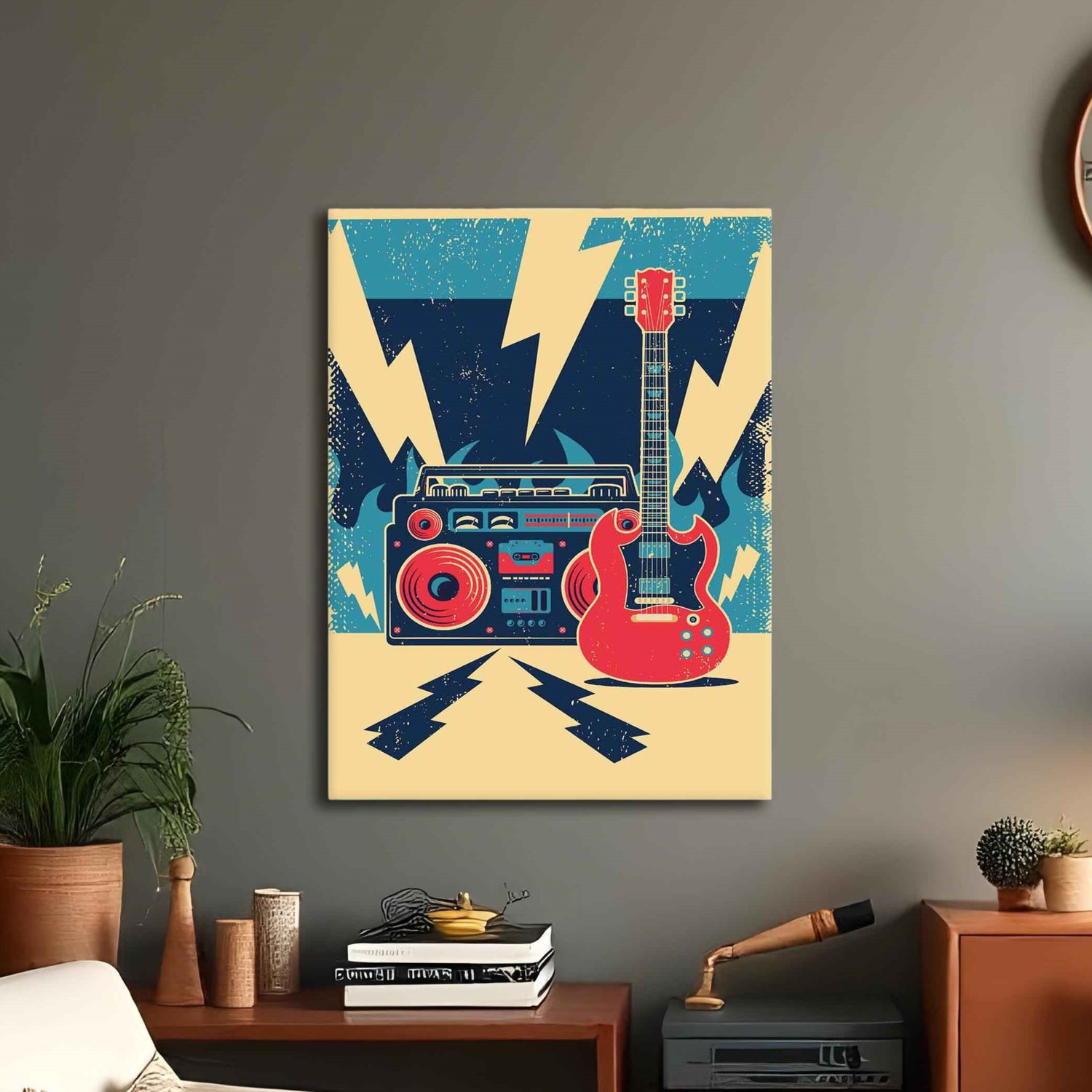 Placa Decorativa Rock And Roll Guitarra E Rádio Vintage