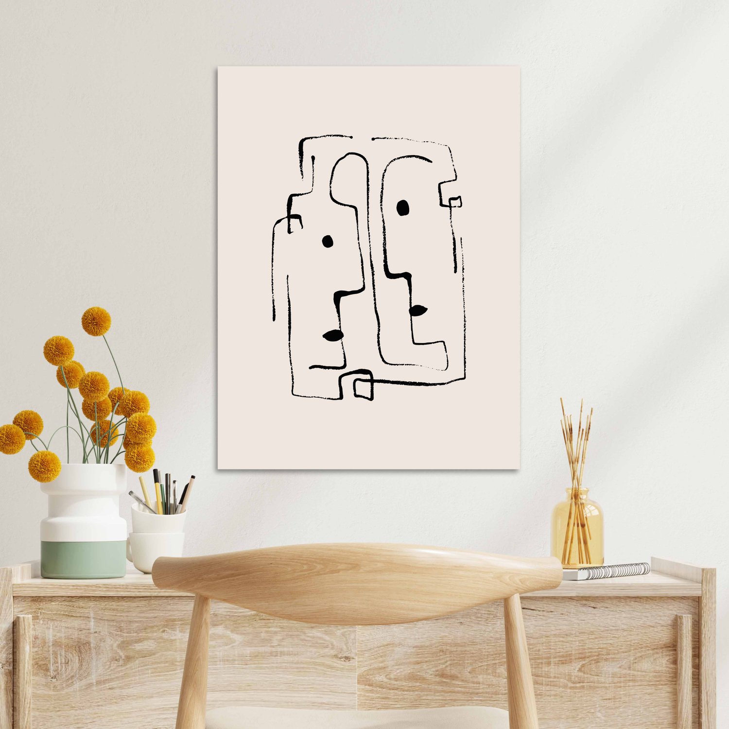 Placa Decorativa Rostos Abstratos Minimalistas Estilo Japandi