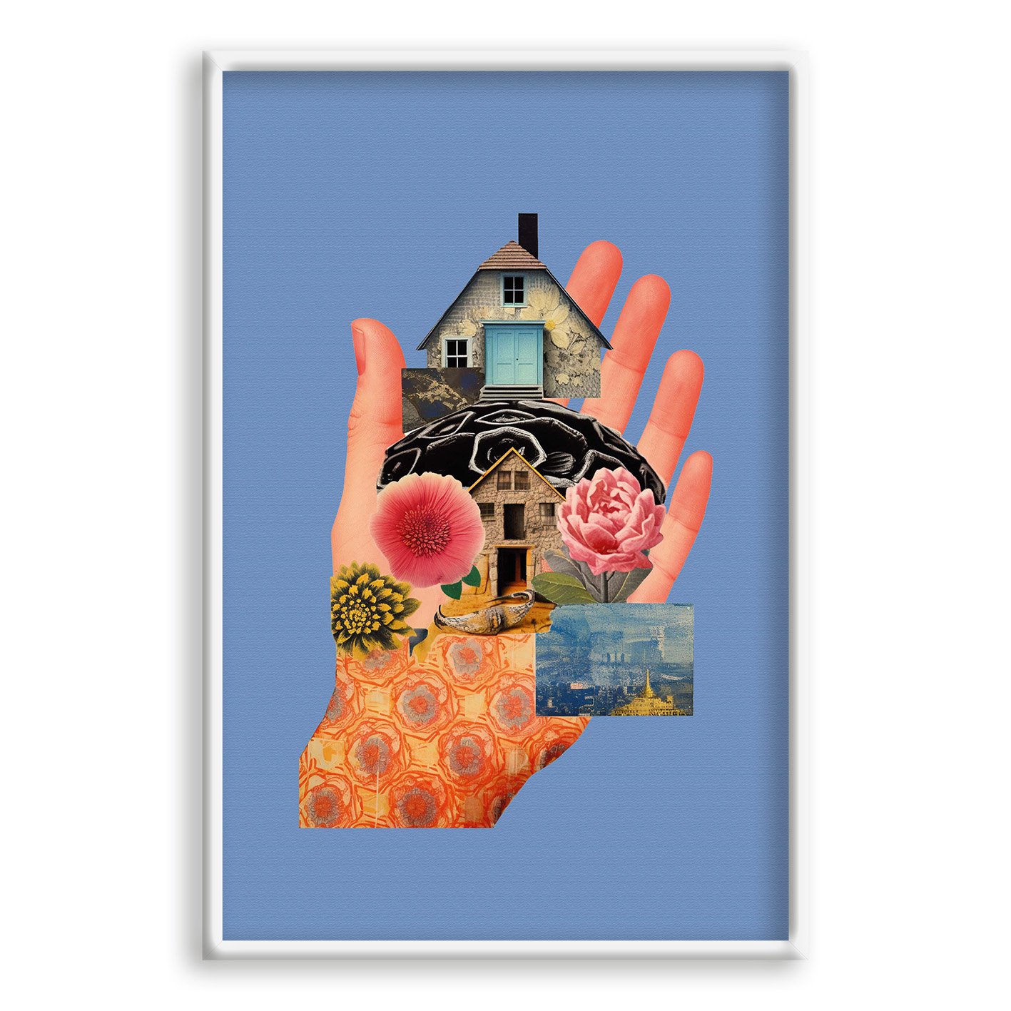Quadro Decorativo Abstrato Surrealista Mãos Segurando Casa