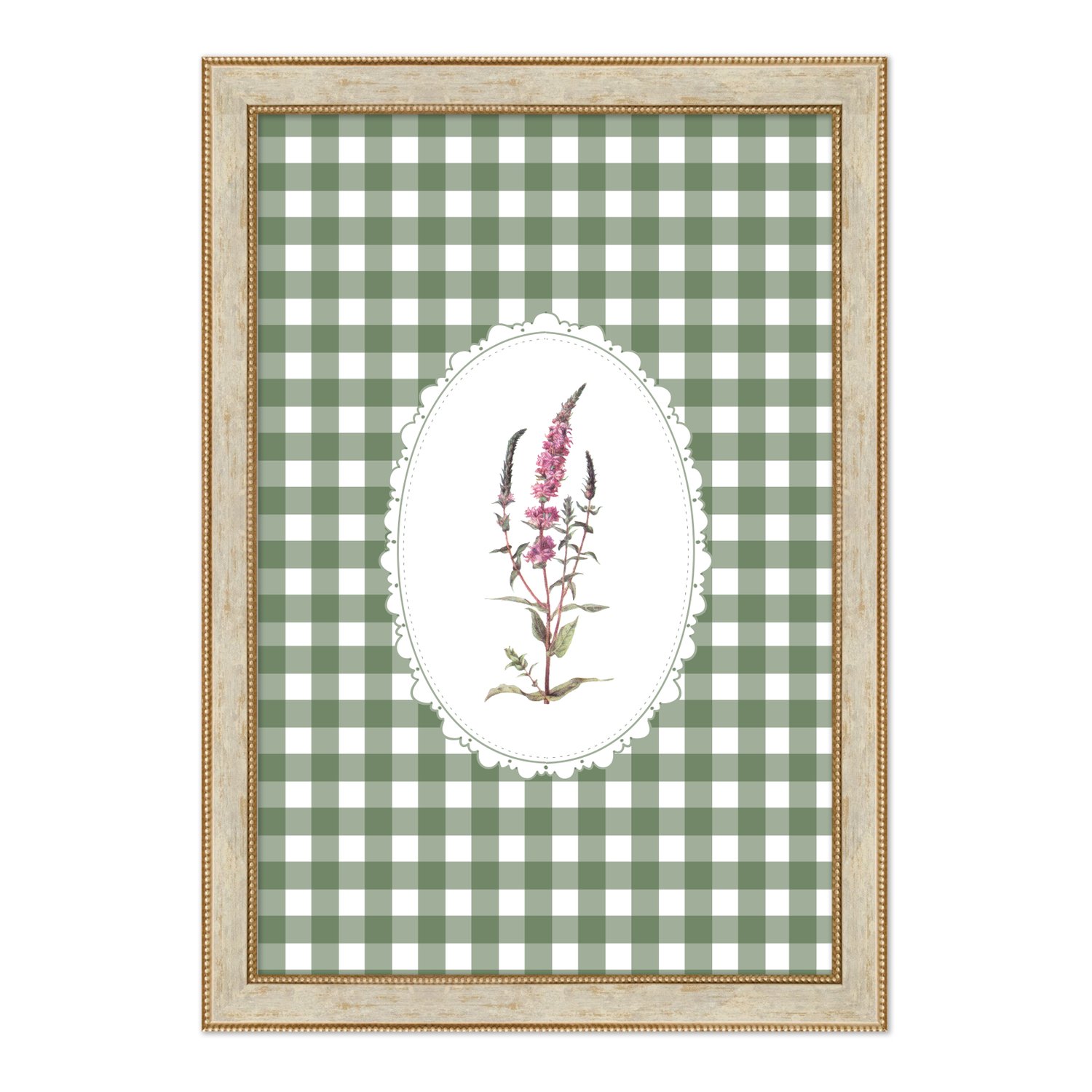 Quadro Decorativo Botânica Com Xadrez Verde Estilo Modern Heritage