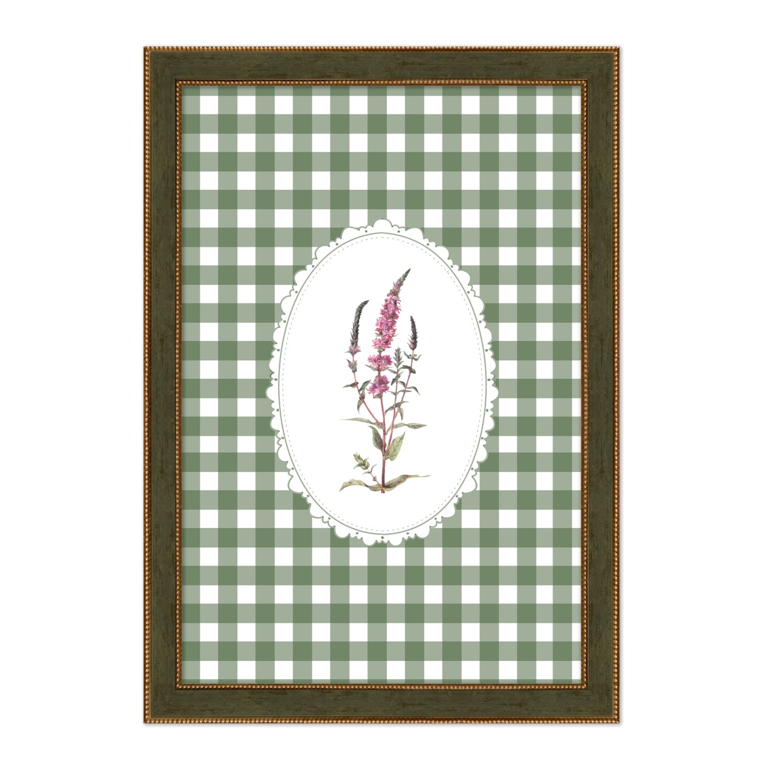 Quadro Decorativo Botânica Com Xadrez Verde Estilo Modern Heritage