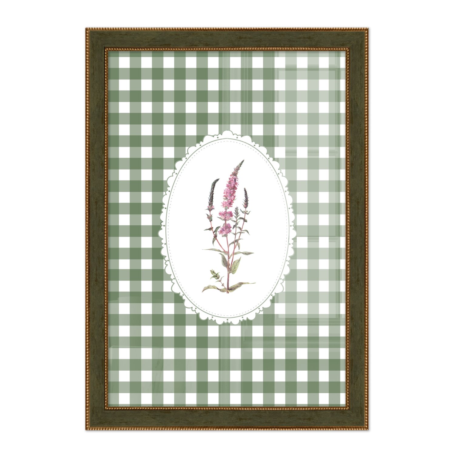 Quadro Decorativo Botânica Com Xadrez Verde Estilo Modern Heritage