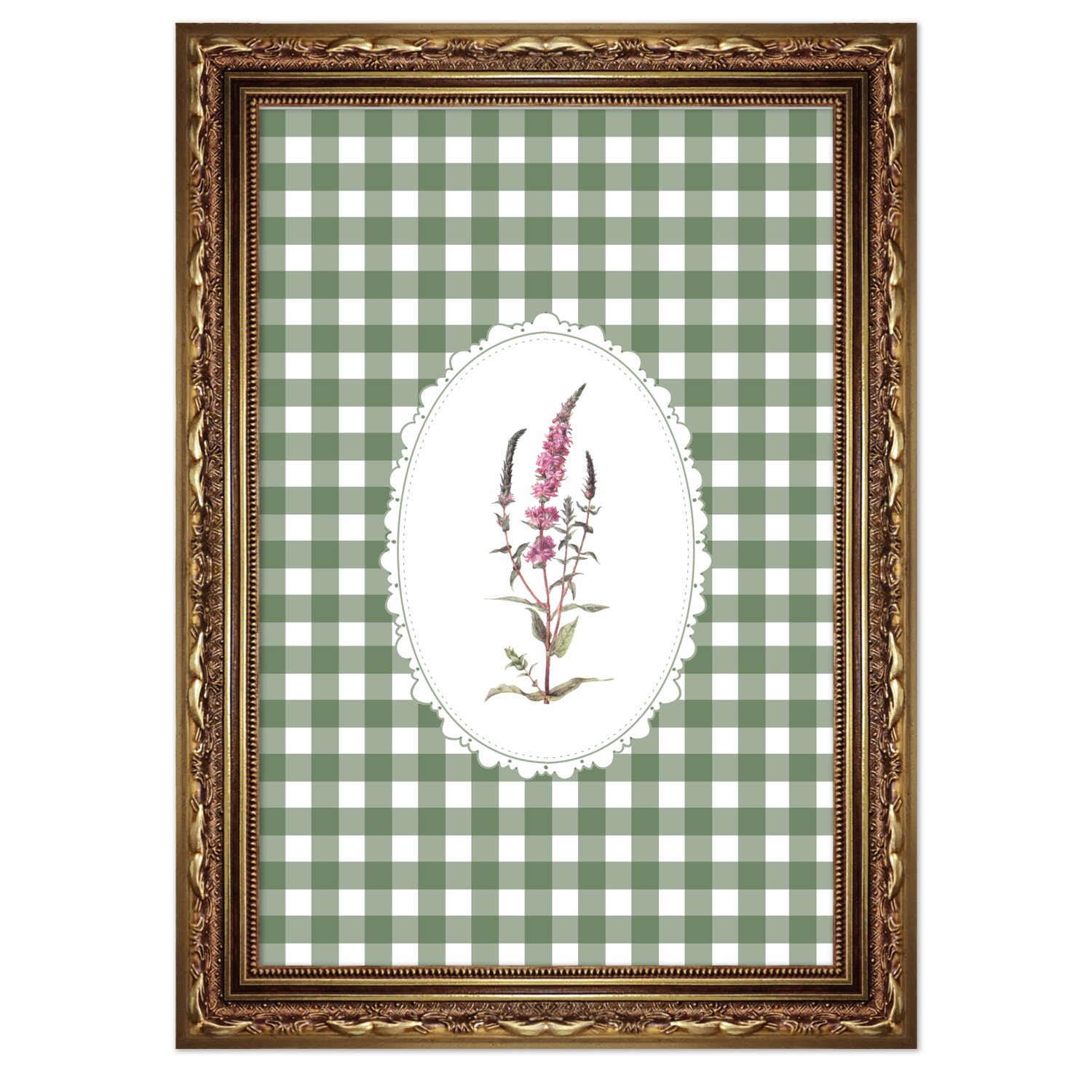 Quadro Decorativo Botânica Com Xadrez Verde Estilo Modern Heritage