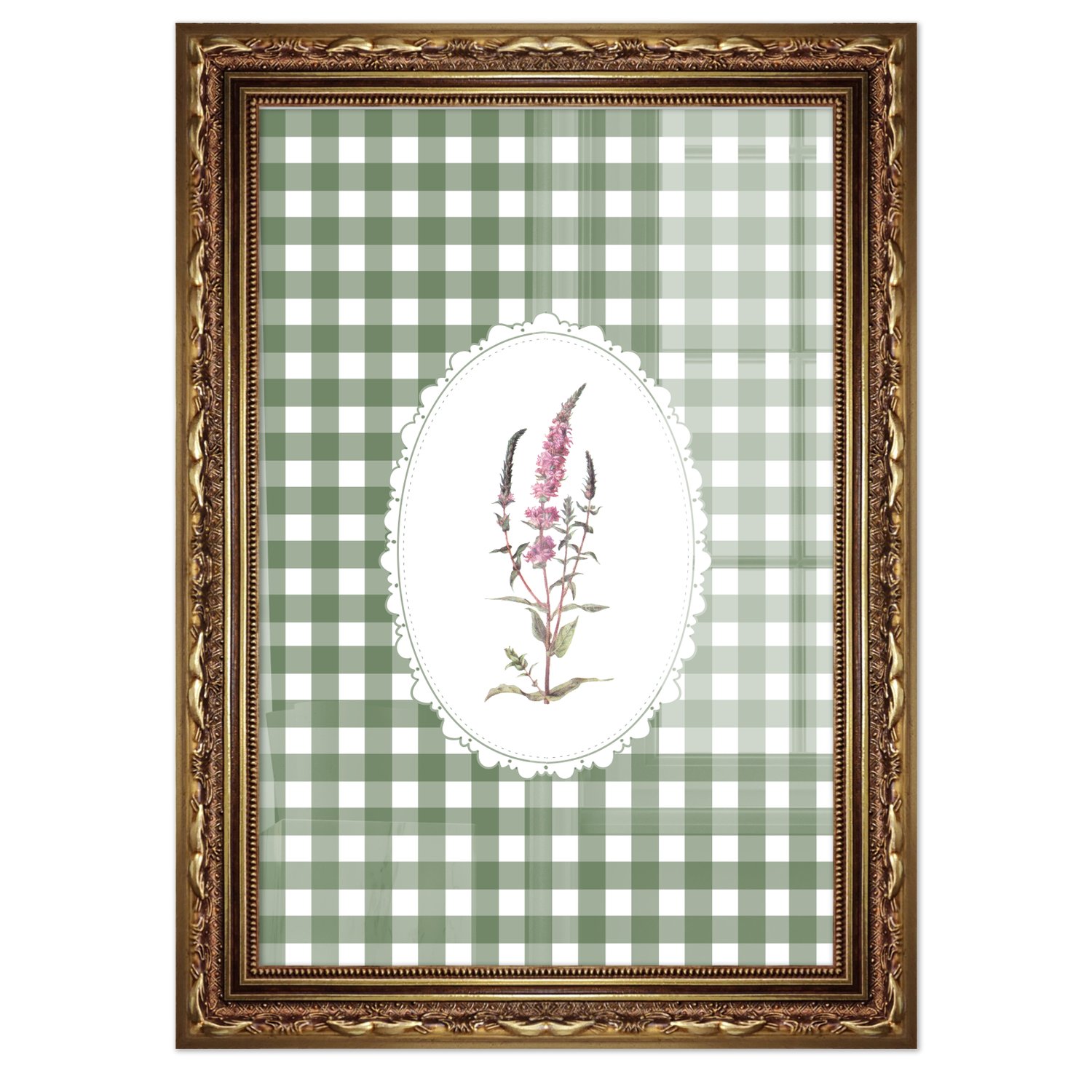 Quadro Decorativo Botânica Com Xadrez Verde Estilo Modern Heritage