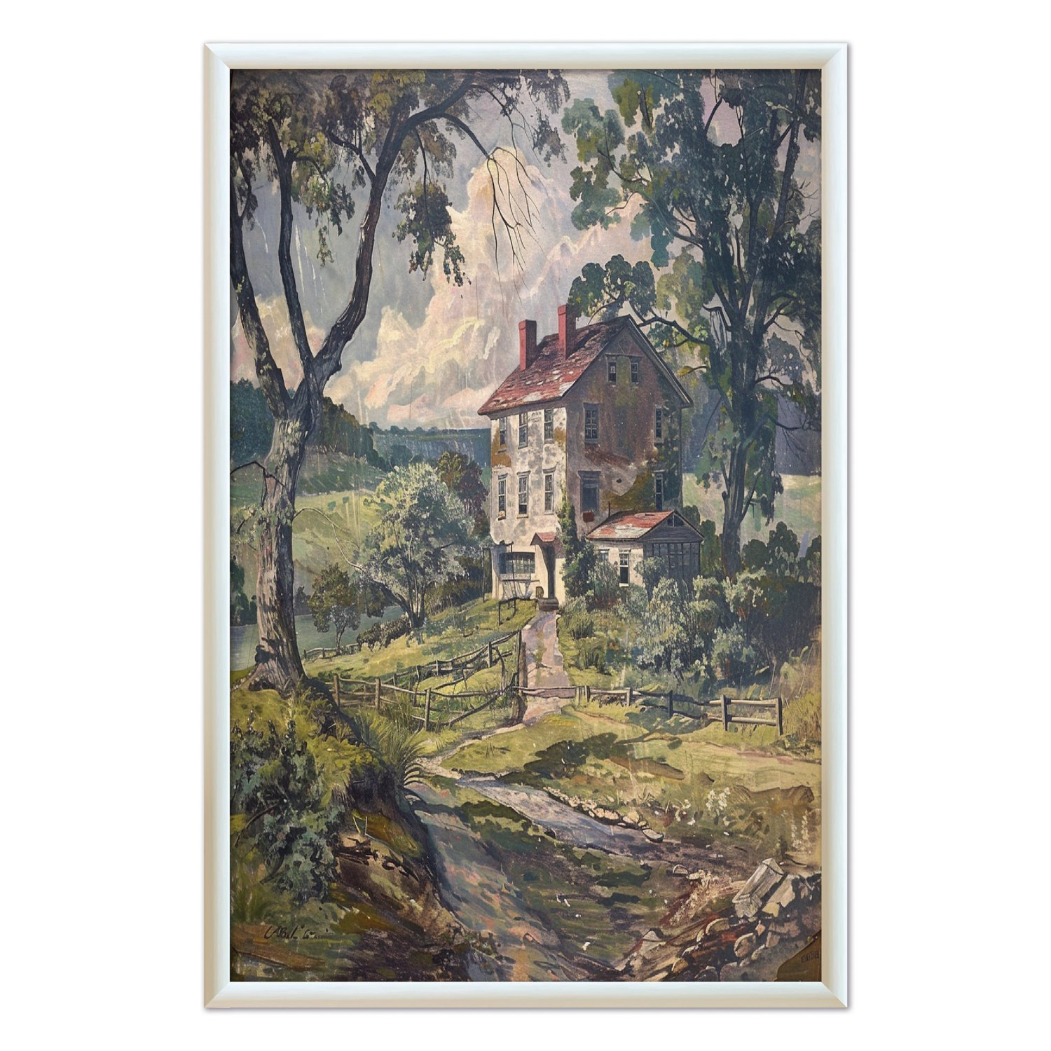 Quadro Decorativo Casa De Campo Paisagem Vintage Farmhouse