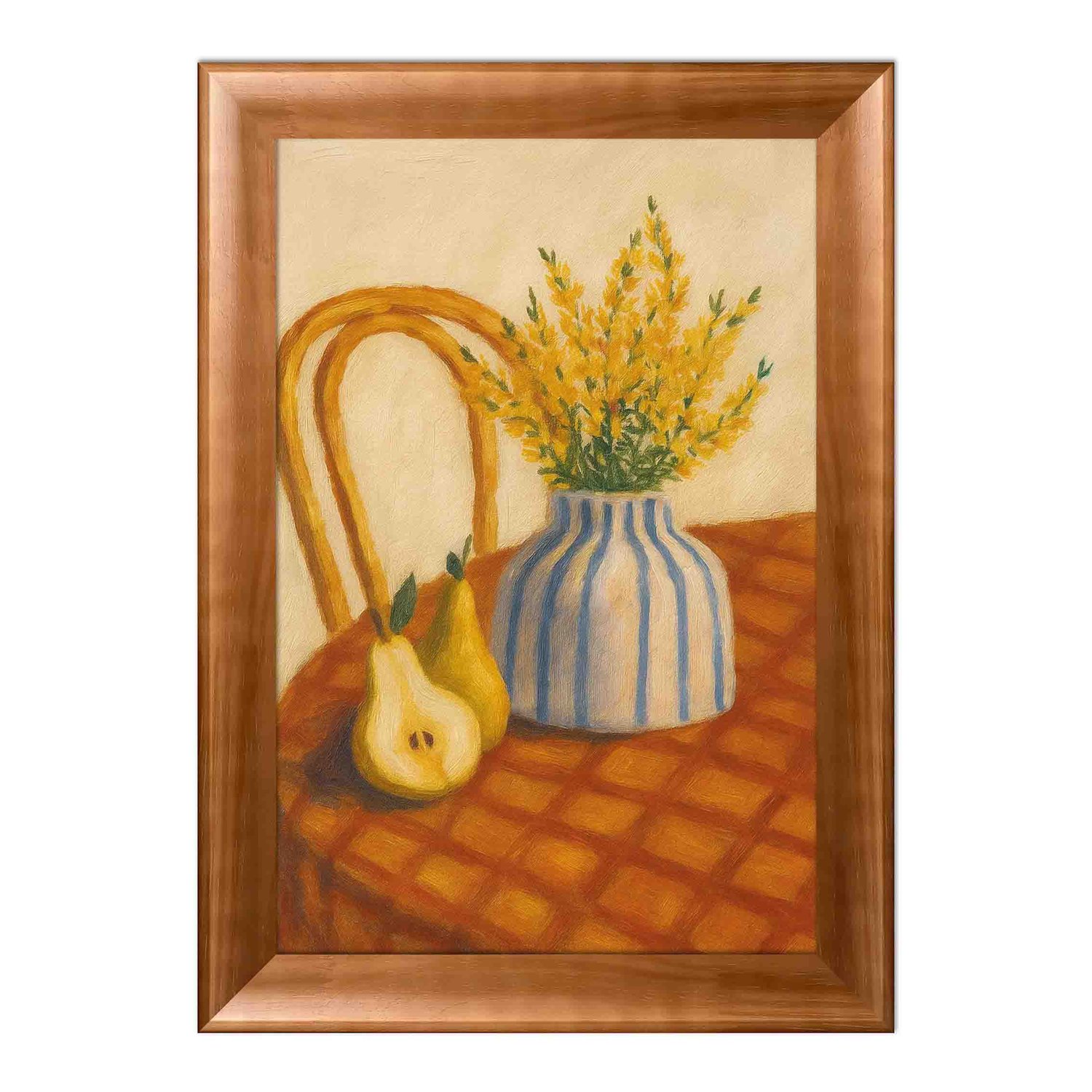 Quadro Decorativo Estilo Pintura Moderna Arranjo de Flores Amarelas em Vaso Listrado, Pêras e Cadeira de Palha em Paleta de Tons Terrosos