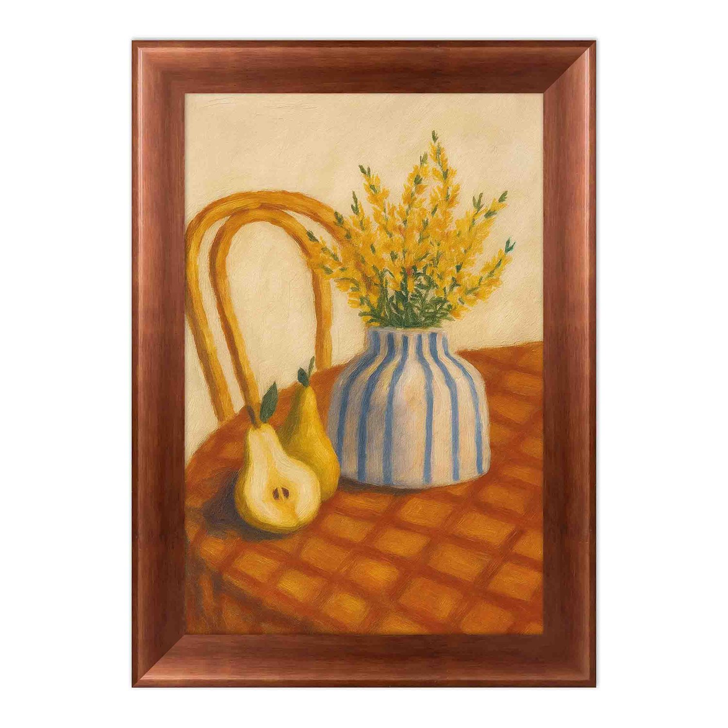Quadro Decorativo Estilo Pintura Moderna Arranjo de Flores Amarelas em Vaso Listrado, Pêras e Cadeira de Palha em Paleta de Tons Terrosos