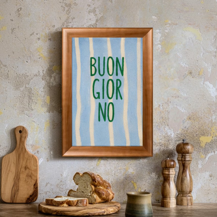 Quadro Decorativo Estilo Pintura Folk Moderna "Buon Giorno" em Verde, em Fundo de Padrão Listrado Azul Claro e Creme