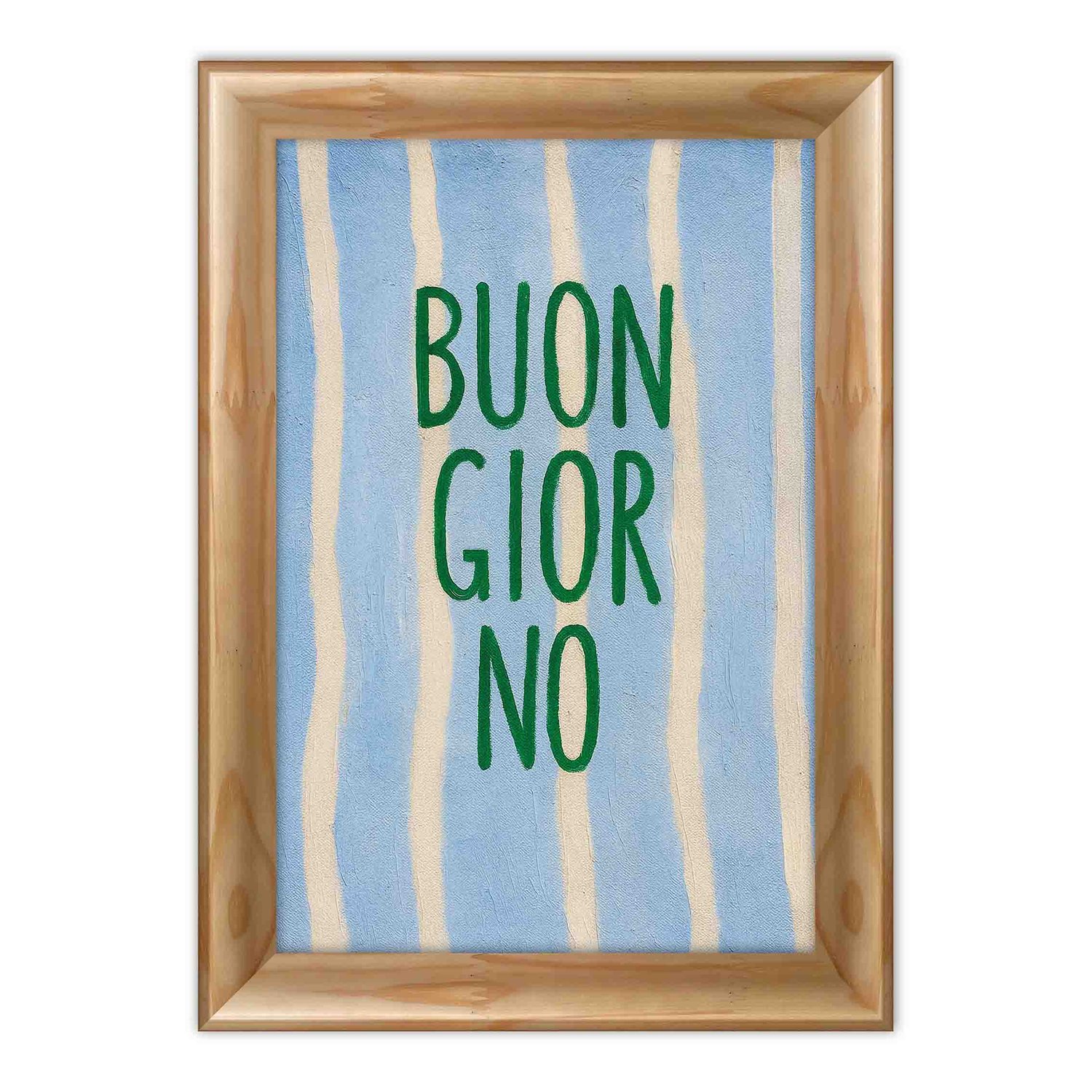 Quadro Decorativo Estilo Pintura Folk Moderna "Buon Giorno" em Verde, em Fundo de Padrão Listrado Azul Claro e Creme