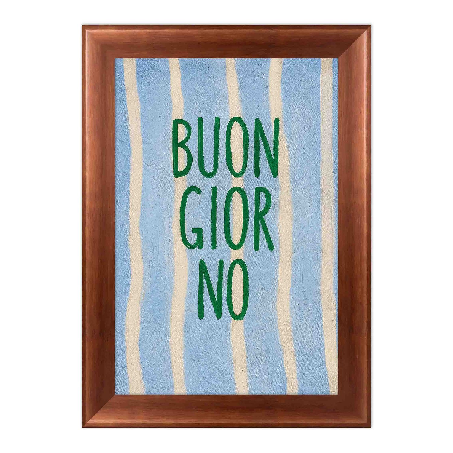 Quadro Decorativo Estilo Pintura Folk Moderna "Buon Giorno" em Verde, em Fundo de Padrão Listrado Azul Claro e Creme