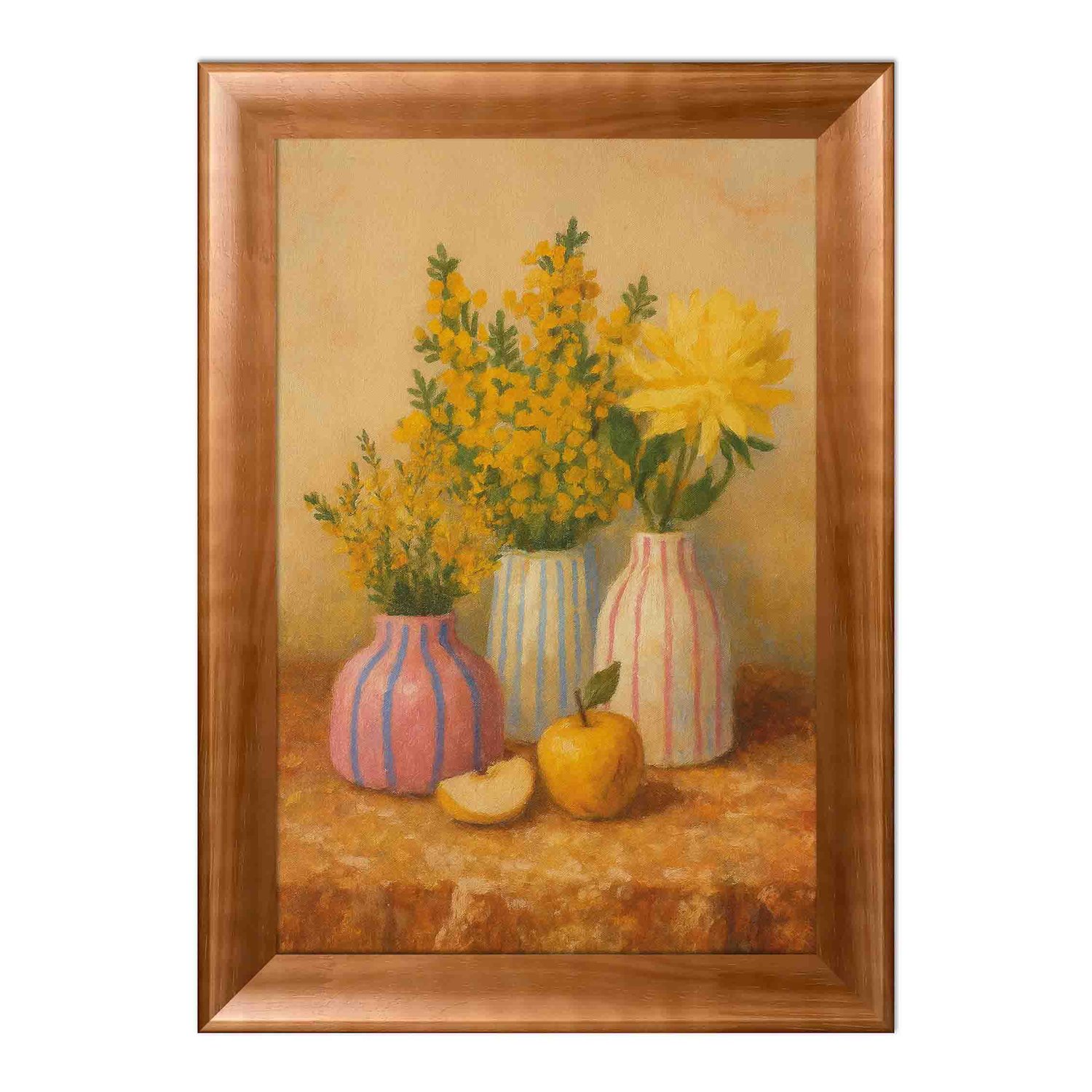 Quadro Decorativo Estilo Pintura Folk Moderna Composição de Arranjo Floral em Três Vasos Listrados e Maçã