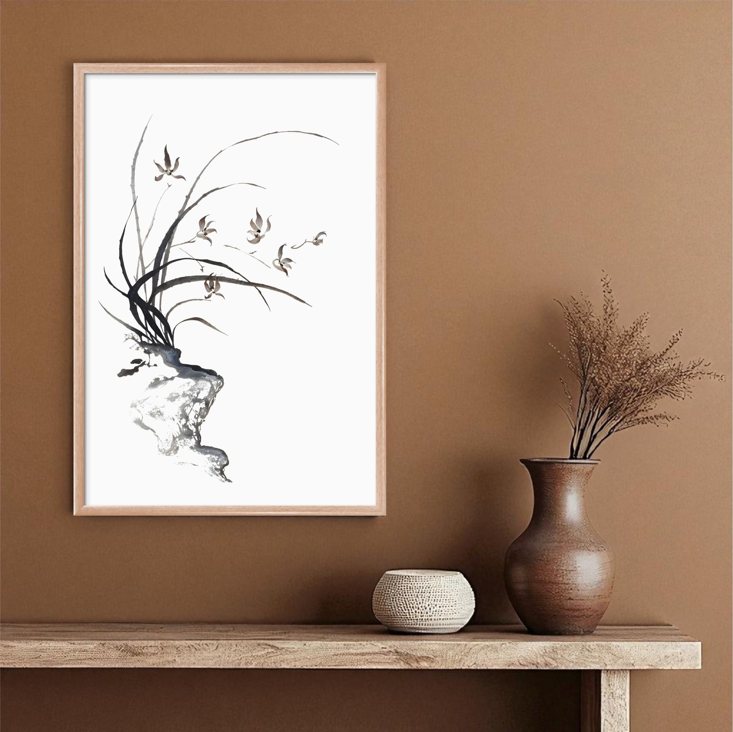 Quadro Decorativo Furan Arte de Flor Ornamental Orquídea do Samurai no Estilo Sumiê