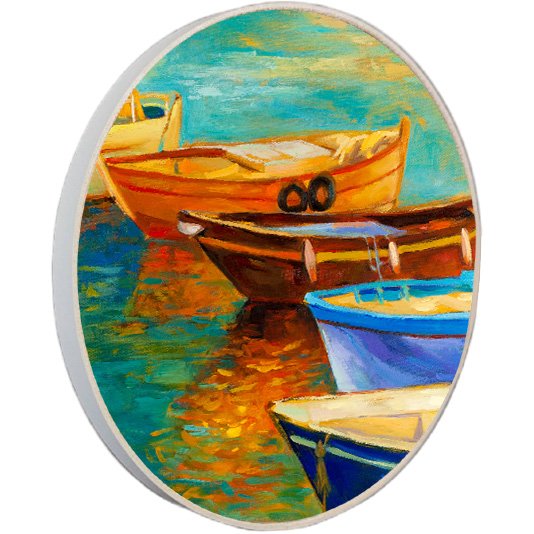 Quadro Decorativo Redondo Barcos Coloridos no Cais