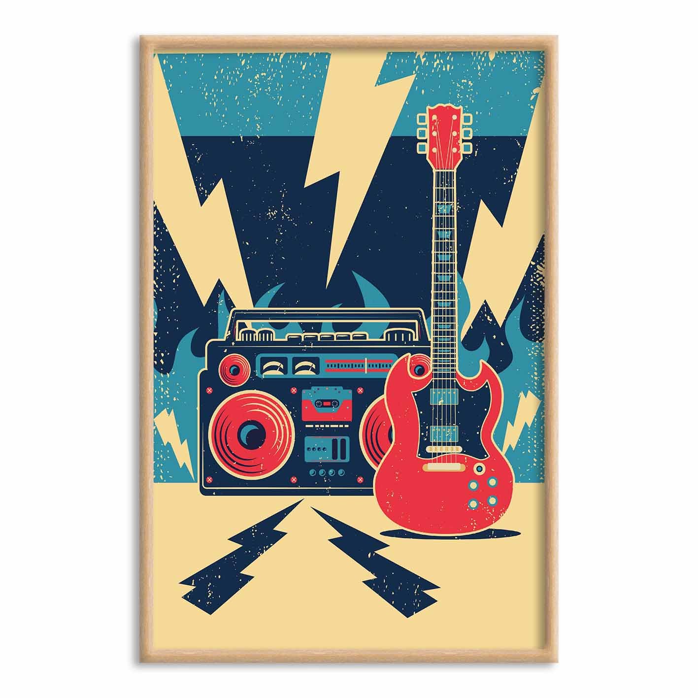 Quadro Decorativo Rock And Roll Guitarra E Rádio Vintage