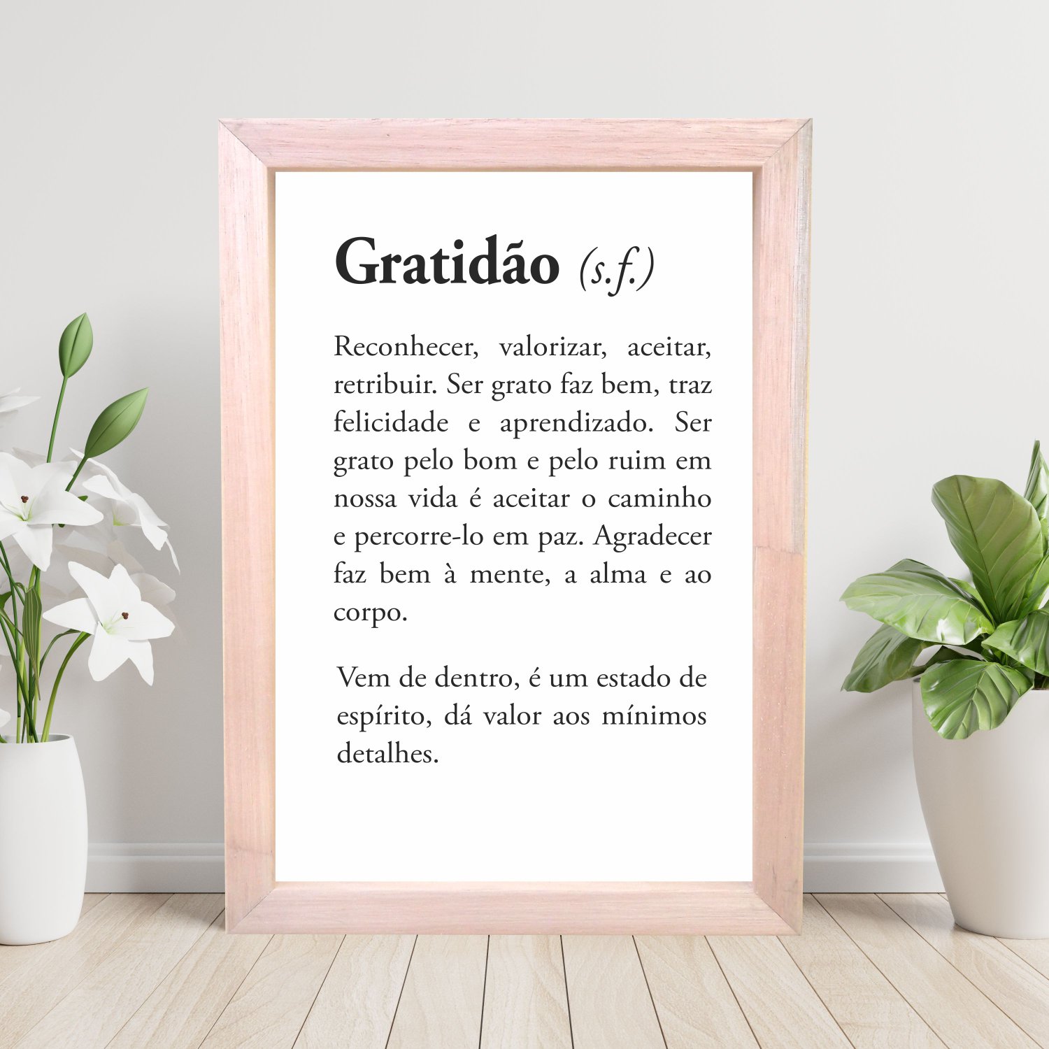 Quadro decorativo emoldurado com o significado da frase obrigado