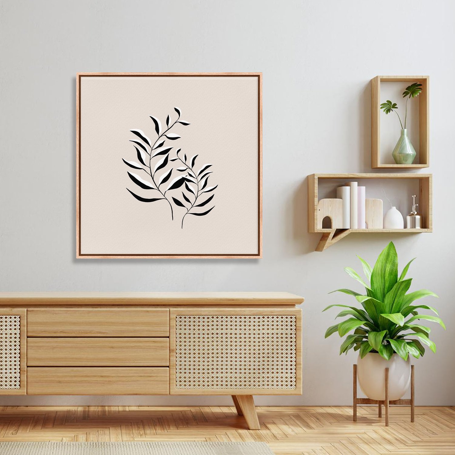 Quadro Em Tela Canvas Ramo de Folhas Minimalista Estilo Japandi