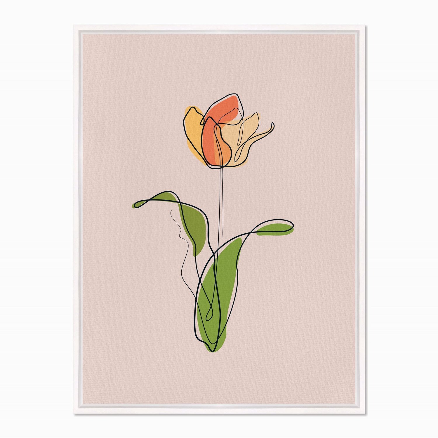 Quadro em Tela Canvas Silhueta Flor Colorida com Folhas Verdes e Fundo Rosa