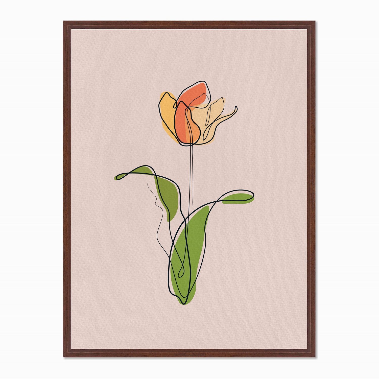 Quadro em Tela Canvas Silhueta Flor Colorida com Folhas Verdes e Fundo Rosa